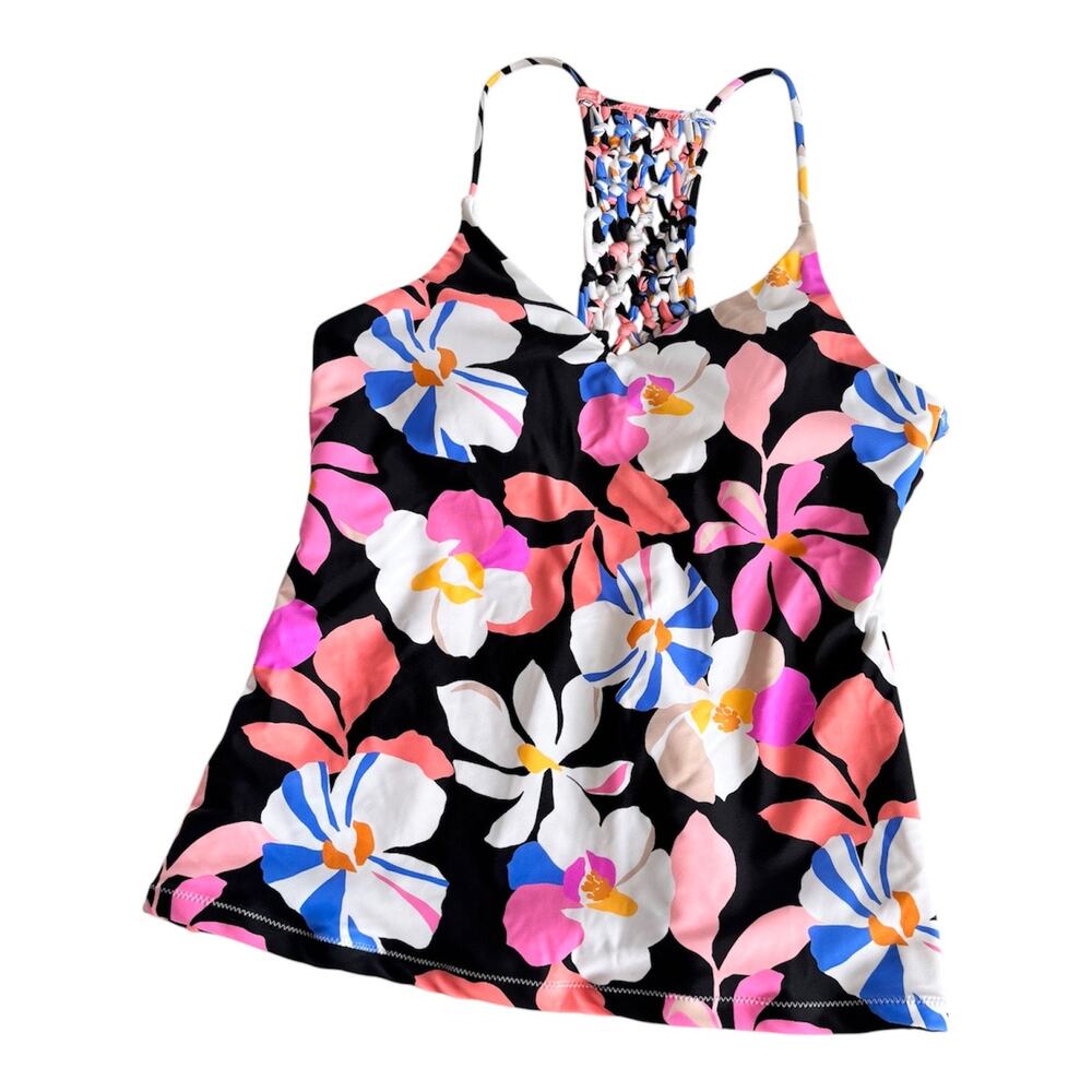 Raisins Floral Print Macrame Back V-Neck Tankini Swimsuit Top Women’s Medium NEW